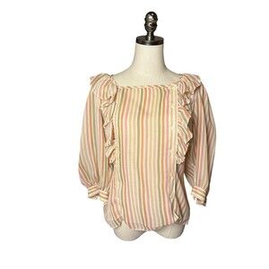 VTG 70s College Town Striped Ruffle Collar Button Blouse Retro Orange Yellow M